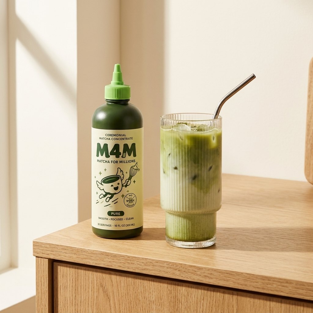 Bottle beside an iced matcha latte