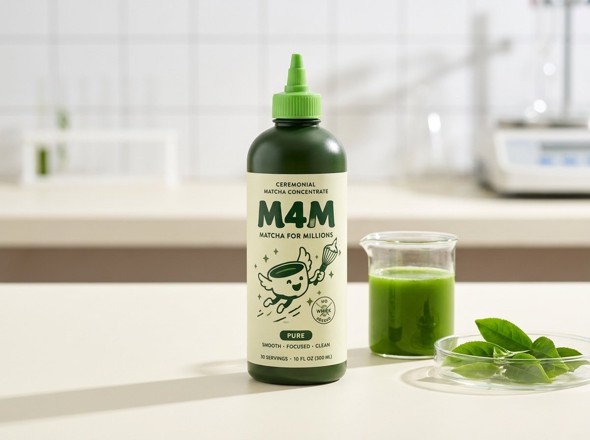 M4M concentrate with lab beaker and tea leaves
